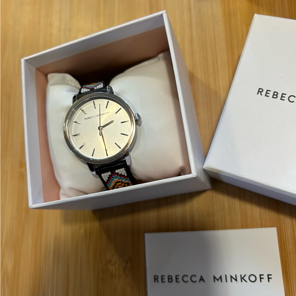 REBECCA MINKOFF WATCH WITH 36mm SILVER FACE & BLACK BEADED LEATHER BAND - Picture 5 of 6